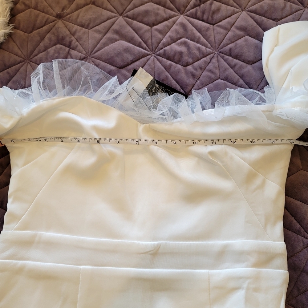 NEW Off Shoulder Contrast Mesh Mermaid Hem White Puff Sleeve Wedding Dre… - Picture 14 of 17